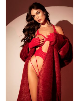 Body en résille rouge, seins nus avec gants assortis - Mapalé