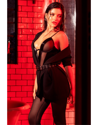 Body noir effet wetlook avec empiècements en maille – Mapalé