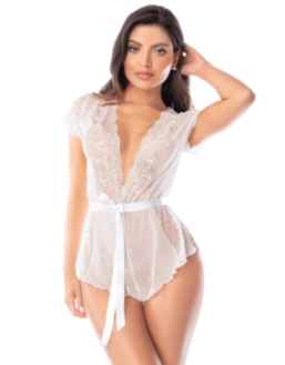 Combishort blanc en dentelle transparente avec ceinture – Mapalé
