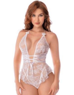Body blanc en dentelle avec dos ouvert et encolure halter – Mapalé