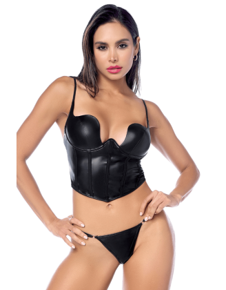 Ensemble sexy 2 pièces noir en similicuir avec bustier à armatures 