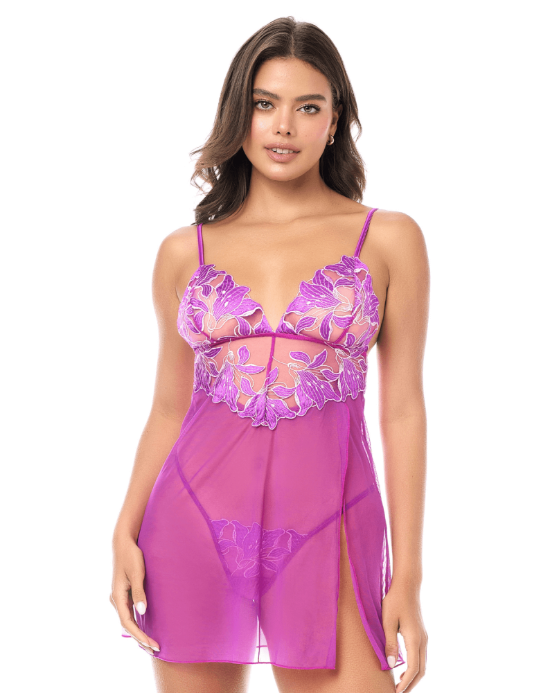 Babydoll sexy en résille brodée florale et string 