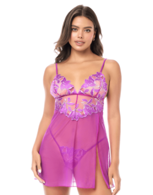 Babydoll sexy en résille brodée florale et string 