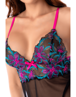 Babydoll noir en maille transparente avec sequins brodés – Mapalé