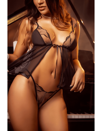 Babydoll noir et chair en maille transparente avec broderie – Mapalé