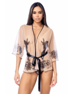 Peignoir sexy en résille imprimée transparente avec string 