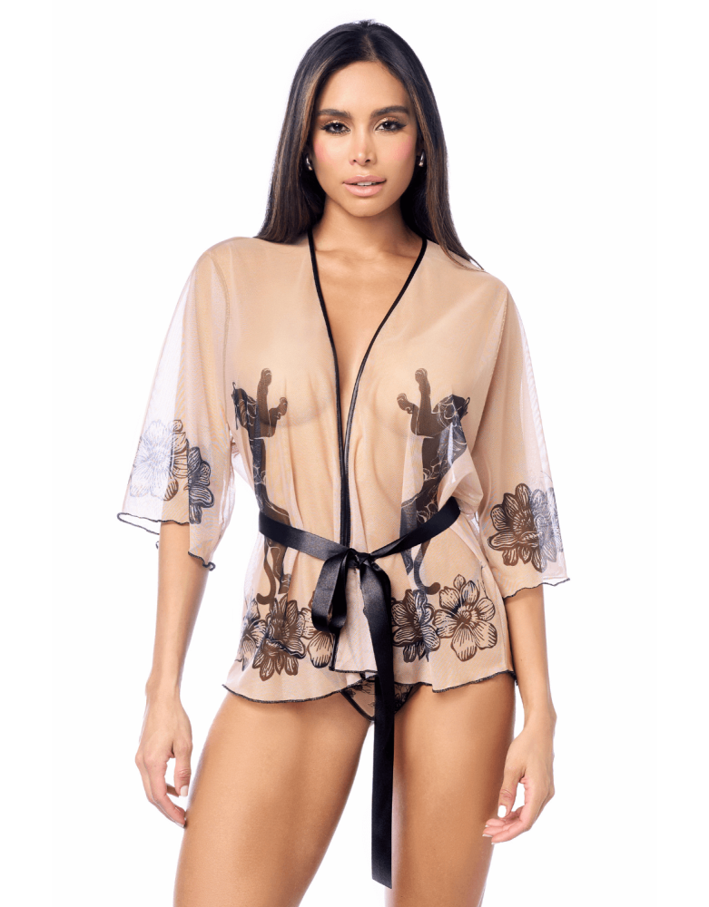 Peignoir sexy en résille imprimée transparente avec string 