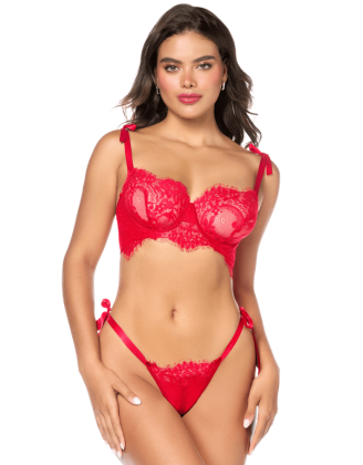 Ensemble sexy 2 pièces en dentelle avec liens à nouer et string 