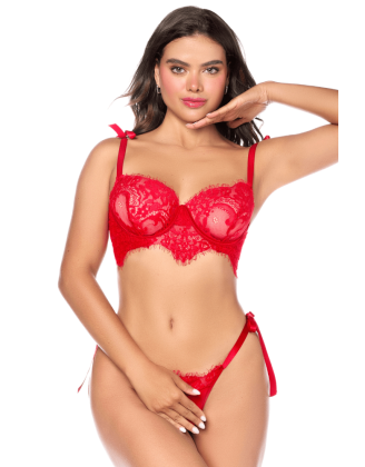 Ensemble sexy 2 pièces en dentelle avec liens à nouer et string 