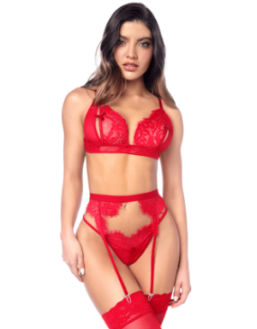 Ensemble sexy 3 pièces peek-a-boo en dentelle avec string et porte-jarretelles 