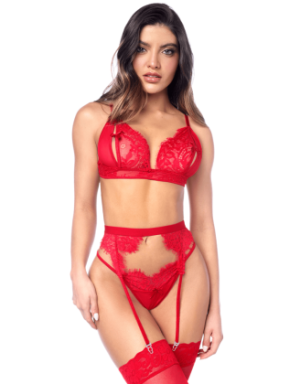 Ensemble sexy 3 pièces peek-a-boo en dentelle avec string et porte-jarretelles 
