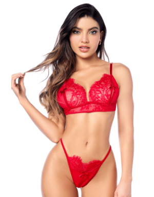 Ensemble sexy 3 pièces peek-a-boo en dentelle avec string et porte-jarretelles 