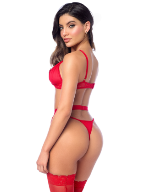 Ensemble sexy 3 pièces peek-a-boo en dentelle avec string et porte-jarretelles 