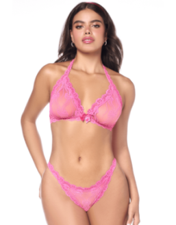 Ensemble sexy 2 pièces rose en dentelle délicate avec haut et string assorti 