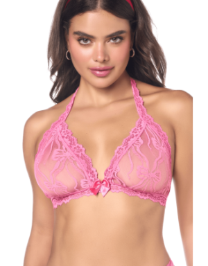 Ensemble sexy 2 pièces rose en dentelle délicate avec haut et string assorti 
