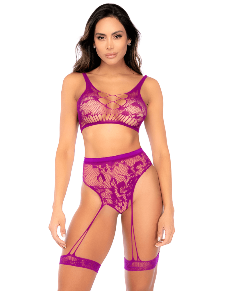 Ensemble deux pièces en résille à motif floral, couleur orchidée - Mapalé