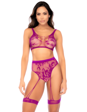 Ensemble deux pièces en résille à motif floral, couleur orchidée - Mapalé