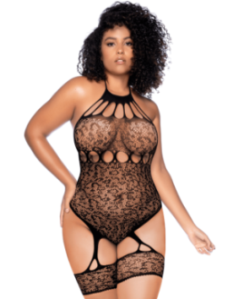 Body grande taille en résille léopard noir à tour de cou et jarretières intégrées - Mapalé