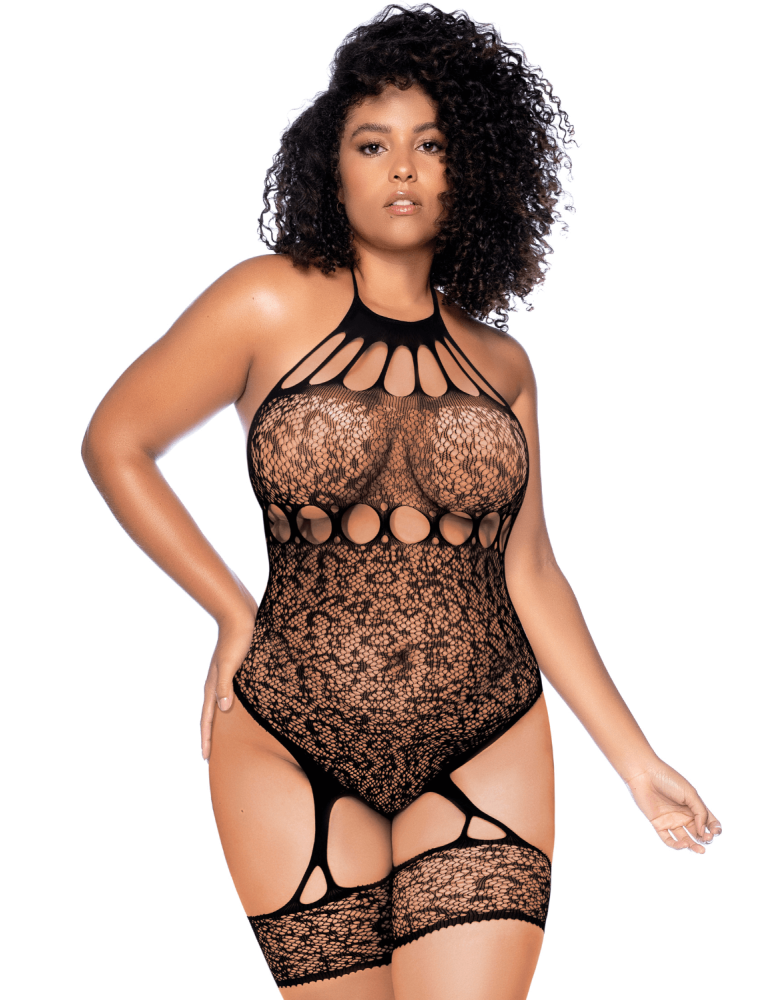 Body grande taille en résille léopard noir à tour de cou et jarretières intégrées - Mapalé