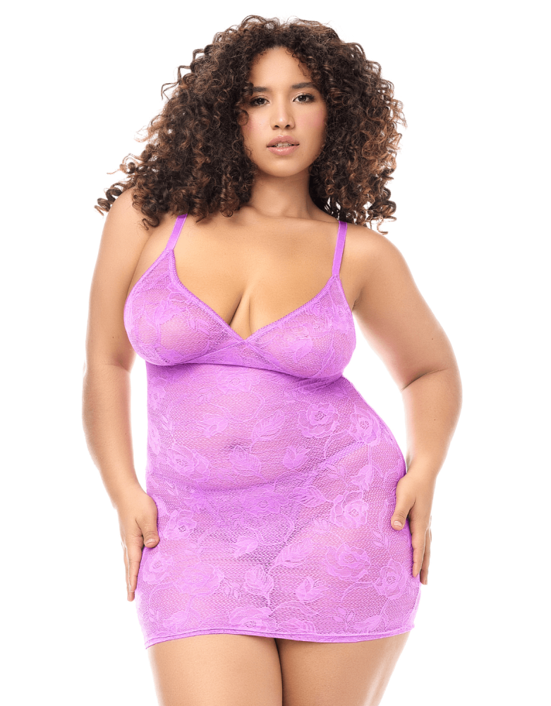 Babydoll grande taille dentelle violette et string 
