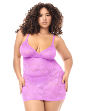 Babydoll grande taille dentelle violette et string 
