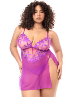 Babydoll grande taille en résille brodée florale et string 