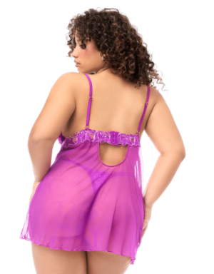 Babydoll grande taille en résille brodée florale et string 