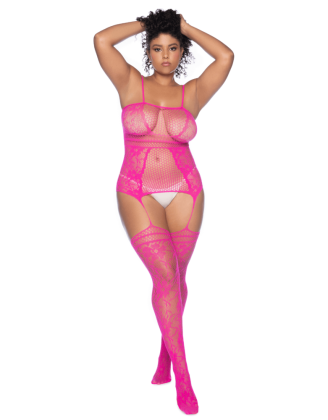 Combinaison grande taille en résille rose 