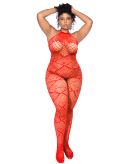 Bodystocking grande taille en résille rouge à motif cœur, orné de strass, ouvert à l’entrejambe - Mapalé