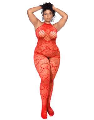 Bodystocking grande taille en résille rouge à motif cœur, orné de strass, ouvert à l’entrejambe - Mapalé