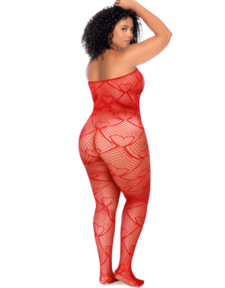 Bodystocking grande taille en résille rouge à motif cœur, orné de strass, ouvert à l’entrejambe - Mapalé