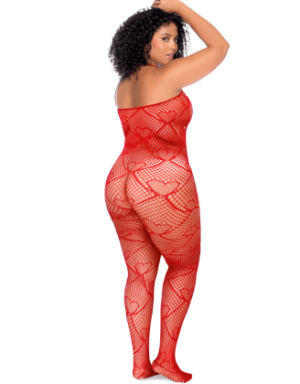 Bodystocking grande taille en résille rouge à motif cœur, orné de strass, ouvert à l’entrejambe - Mapalé