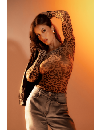Body string en résille à manches longues imprimé léopard - Mapalé
