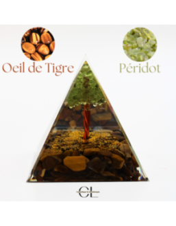 Orgonite pyramide Oeil de Tigre  Péridot Arbre de Vie