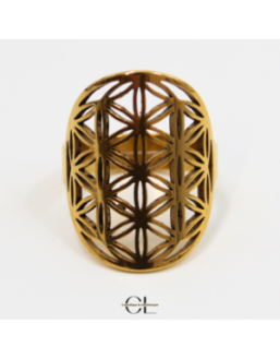 Bague Fleur de vie en acier inoxydable avec plaquage or