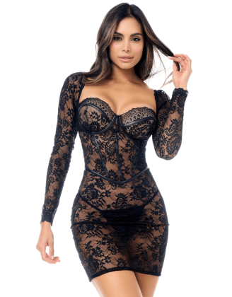 Robe en dentelle transparente à manches longues avec string