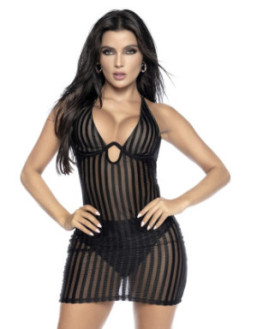 Robe courte en résille noire aux rayures verticales 