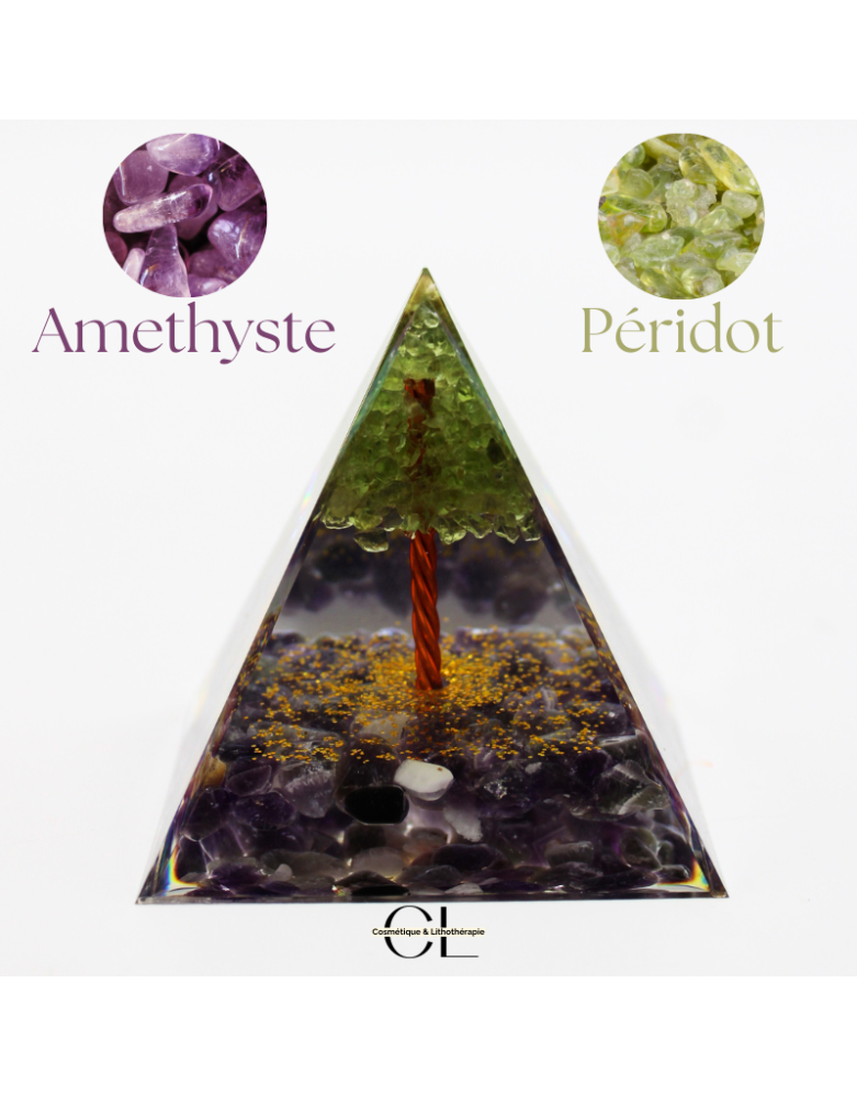 Orgonite pyramide Amethyste et Péridot Arbre de Vie